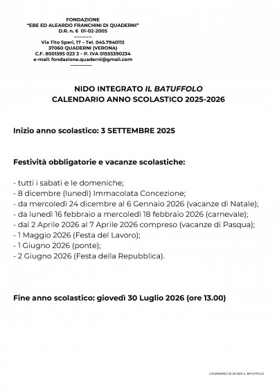 Nido: calendario scolastico 2025/2026