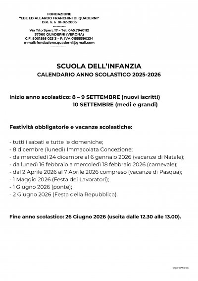 Scuola dell'infanzia: calendario scolastico 2025/2026
